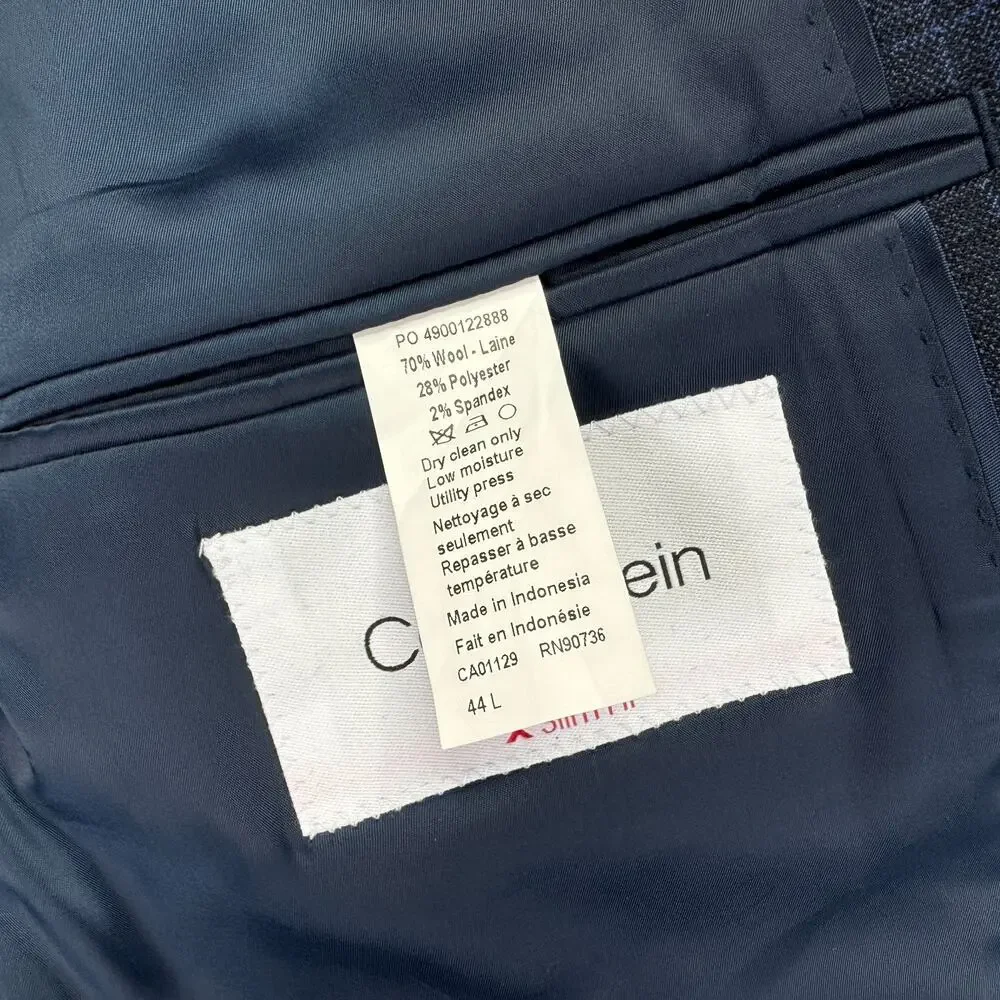 Calvin Klein Mens X Slim Fit Wool Blend Stretch Plaid Suit Jacket Navy Blue 44L
